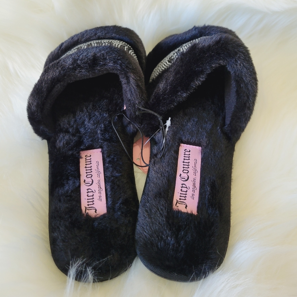 ✨️SOLD✨️💖Juicy Couture Faux Fur Bling Logo black Slippers💖 - Picture 2 of 5